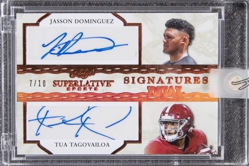 2020 Leaf Superlative Sports "Signatures Dual" #SS2-02 Jasson Dominguez & Tua Tagovailoa Dual Signed Card (#7/10) - Leaf Encased